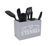 Karisky Kitchen Utensil Holder with Removable Bottom - Large 2 Compartment Organizer, Farmhouse Utensil Caddy for Countertop Decor, 9 x 7 x 5 Inch, Gray