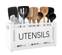 Karisky Utensil Holder for Kitchen Counter, Large 3 Compartments Solid Real Wood Utensil Caddy Organizer with 4 Non-Slip Pads, Rectangular Cooking Tools Storage for Countertop, White