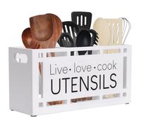Karisky Utensil Holder for Kitchen Counter, Large 3 Compartments Solid Real Wood Utensil Caddy Organizer with 4 Non-Slip Pads, Rectangular Cooking Tools Storage for Countertop, White