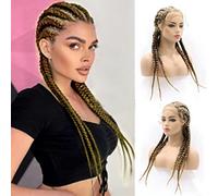 karissa Hair 5 Braided Wigs Women Brown Blonde Mix Color 360 Full Lace Front Wig with Baby Hair Long Natural Hairline Handmade Synthetic Braids Wig Glueless Heat Resistant Cosplay Costume Daily 24 ''