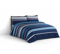 KARKARM 4 Pcs Printed Complete Double Bedding Set Navy Stripes - Duvet Cover, Fitted Sheet & 2 Pillowcases - Soft Microfibre Bed Sets (Vega)