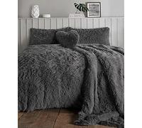 KARKARM Cuddle Plush Long Pile Teddy Fleece Fur King Size Duvet Cover Set - Sherpa Fleece Duvet Cover with 2 Pillow Cases - Soft Cosy Winter Shaggy Fluffy Bedding Quilt Covers Sets, Charcoal