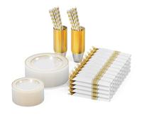 Karl home 400 pcs Multi-Use Gold Plastic Dinnerware Set, 50 Resuable Dinner Plates, 50 Salad Plates, 50 Knives, 50 Mini Forks, 50 Spoons, 50 Cups, 50 Napkins for Wedding Anniversary Garden Party