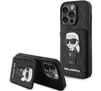 Karl Lagerfeld KLHCP15LSAKKNSCK Case for iPhone 15 Pro 6.1 Inch Black Saffiano Hard Case with Card Slots and Stand Monogram Iconic Patch