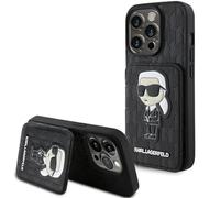 Karl Lagerfeld KLHCP15LSAKKNSCK Case for iPhone 15 Pro 6.1 Inch Black Saffiano Hard Case with Card Slots and Stand Monogram Iconic Patch