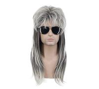 Karlery Men Mullet Long Wave Grey and White Wig 70s 80s Metal Rocker Party Halloween Costume Wig