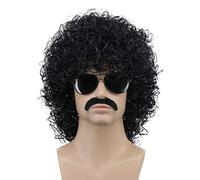 Karlery Mens Short Curly Black Rocker Mustache Beard Afro Wig California Halloween Cosplay Anime Costume Party Wig