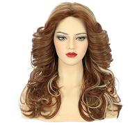karlery Women 70s Feathered Long Brown Wave Wig Disco Singer Highlight Dyed Vintage Costume Wig for Party Fashion Accessory