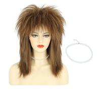 karlery Women Men Long Curly Brown Wig with Necklace 70s 80s Rocker Mullet Costume Halloween Cosplay Party Wig