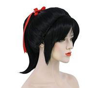 Karlery Women's Short Wave Braided Black Ponytail Red Ribbon Wig Anime Party Wig Cosplay Halloween