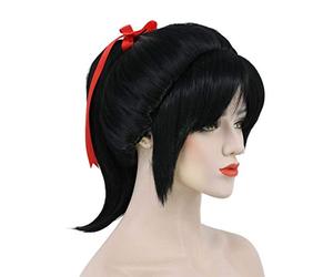 Karlery Women's Short Wave Braided Black Ponytail Red Ribbon Wig Anime Party Wig Cosplay Halloween