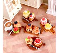 KARLOR 21 Pieces Mini Cake Coffee Set Croissant Apple Pie with Plate Spoon, Miniature Dessert Raspberry Cakes Blueberry Cake Mini Food Drinks Dessert Mini Scene Table Decoration (21 Pieces)
