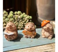 KARLOR 3Pcs Mini Hedgehog Figurine Set, Cute Hedgehog Statuen Resin Hedgehogs Sculpture Forest Animal Ornaments with Book, Welcome Sign & Mushroom Hat for Bonsai Fairy Garden Micro Landscape Decor