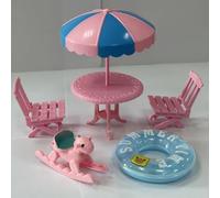 KARLOR 5 Pcs Miniature Beach Decoration, Mini Parasol Tabel+ 2 Beach Chairs + Swimming Ring + Rocking Horse, Miniature Table Chair Mini Beach Landscaping 1:12 Dollhouse Furniture Scene Decoration