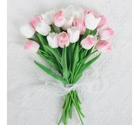 KARLOR Artificial Flowers 10 Pieces Artificial Tulips Artificial Flowers Bouquet White Pink Tulips Artificial Like Real Latex Tulip Bouquet Home Decoration Wedding (White & Light pink)