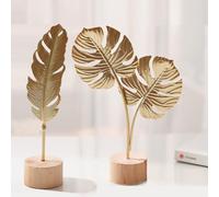 KARLOR Pack of 2 Golden Statue Decoration, Feather Sculpture + Turtle Leaf Statue Decoration, Home Ornaments Sculptures Metal Leaves Gold, Living Room Table Decoration Bedside Table Desktop Decoration