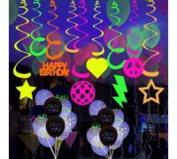 KARLOR UV Party Decoration, 10 Spiral Decoration/10 UV Balloon, Neon Glow Paper Garlands under UV Light, Glow Party Decoration Birthday Accessories Disco Garland