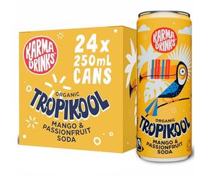 Karma Drinks Tropikool - Mango and Passionfruit Fizzy Soft Drink - 24 x 250ml Cans - Fairtrade, Organic & Vegan