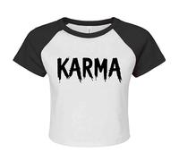 Karma Funny Text Print Novelty Gift Blk Wht Sarcastic Ladies Ragan Crop Top(Black&White, S)
