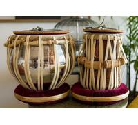 Karma Store Tabla Drum Set, Brass Bayan with 10" Head, Sheesham Wood Dayan Tuned to C#, Handmade Goatskin, with Cushion Rings, Carry Bag and Tuning Hammer