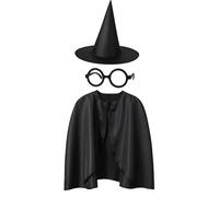 KarnevalsTeufel Wizard Costume Set - Magician Cape with Hat & Glasses in Black - Sizes 98, 104/116, 128/140 (104/116)