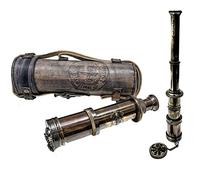 Karniproduction- Antique Functional Telescope Replica, Pirate's Instrument, Antique Finish, 16in Long 1Pc in Leather Case, Handheld Style Spyglass, Brass Made Glass Optics & High Magnification