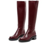 KaroNairy Women Knee High Boots Faux Leather Long Boots Low Chunky Heel Square Toe Side Zipper Fall Tall Boots, Burgundy, 7 UK