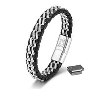KAROO EARTH JEWELLERY Premium Men's Braided Leather Bracelet with Stainless Steel Threading - Adjustable Fit (21cm - 23cm), Secure Magnetic Clasp (Silver)