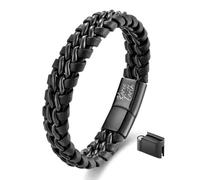 KAROO EARTH JEWELLERY Premium Men's Braided Leather Bracelet with Stainless Steel Threading - Adjustable Fit (21cm - 23cm), Secure Magnetic Clasp (Black)