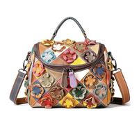 Karoukee Bohemian Floral Patchwork Crossbody Bag for Women - Medium Size Vintage Genuine Leather Shoulder Bag, Multi-Pocket Organizer Handbag with Top Handle - Random Color