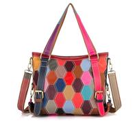 Karoukee Colorful Genuine Leather Tote Bag for Women, Patchwork Genuine Leather Shoulder Bag, Stylish Large Crossbody Handbag