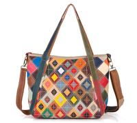 Karoukee Colorful Genuine Leather Tote Bag for Women, Patchwork Genuine Leather Shoulder Bag, Stylish Large Crossbody Handbag