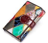 Karoukee Colorful Patchwork Small Wallet for Women Trifold Genuine Leather Card Holder Organizer Handmade Multicolor Change Coin Purse, Patent - Diamond, Small