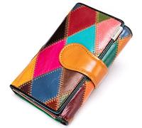 Karoukee Colorful Patchwork Small Wallet for Women Trifold Genuine Leather Card Holder Organizer Handmade Multicolor Change Coin Purse, Oil - Diamond, Small