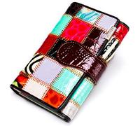 Karoukee Colorful Patchwork Small Wallet for Women Trifold Genuine Leather Card Holder Organizer Handmade Multicolor Change Coin Purse, Patent - Square, Small