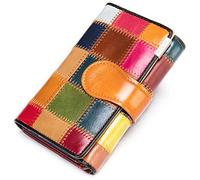 Karoukee Colorful Patchwork Small Wallet for Women Trifold Genuine Leather Card Holder Organizer Handmade Multicolor Change Coin Purse, Oil - Square, Small