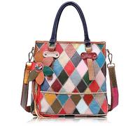 Karoukee Colorful Patchwork Top-handle Handbag for Women, Ladies Handmade Genuine Leather Shoulder Bag, Cute Large Hobo Bag