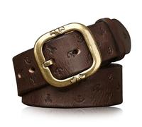 Karoukee Durable Thick Full Grain Leather Belt for Men, Mens Handmade Embossed Belts with Designed Heavy Duty Brass Buckle