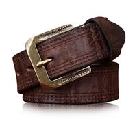 Karoukee Full Grain Leather Belt for Men - Vintage Embossed Belts with Designed Heavy Duty Brass Buckle, Packed in Gift Box
