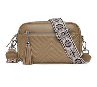 Karoukee Genuine Leather Crossbody Purse for Women, Ladies Small Shoulder Bag with 3 Separate Pockets, Diamond Quilted Design Handbag, Wide Shoulder Strap with Floral Pattern - Khaki