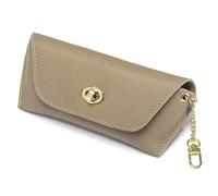 Karoukee Genuine Leather Eyeglass Case with Gold Hanging Hook Chain - Textured Premium Sunglasses Shell Pouch | Twist Lock Closure | 7.09" Portable | Dark Khaki