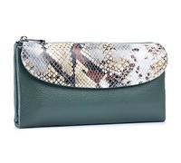 Karoukee Genuine Leather Large Tri-Fold Wallet for Women - Designer Snake Print Purse, RFID Blocking Credit Card Holder, Holds 10+ Cards & Smartphone (6.1") - Dark Green