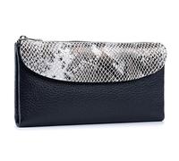 Karoukee Genuine Leather Large Tri-Fold Wallet for Women - Designer Snake Print Purse, RFID Blocking Credit Card Holder, Holds 10+ Cards & Smartphone (6.1") - Black