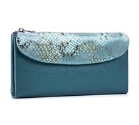 Karoukee Genuine Leather Large Tri-Fold Wallet for Women - Designer Snake Print Purse, RFID Blocking Credit Card Holder, Holds 10+ Cards & Smartphone (6.1") - Blue