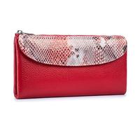 Karoukee Genuine Leather Large Tri-Fold Wallet for Women - Designer Snake Print Purse, RFID Blocking Credit Card Holder, Holds 10+ Cards & Smartphone (6.1") - Red