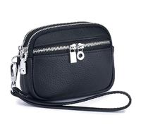 Karoukee Genuine Leather Womens Coin Purse with Removable Wrist Strap, 3 Compartments Wallet, Stylish Cowhide Wristlet Clutch