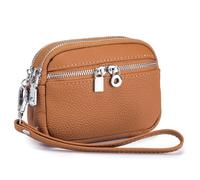 Karoukee Genuine Leather Womens Coin Purse with Removable Wrist Strap, 3 Compartments Wallet, Stylish Cowhide Wristlet Clutch