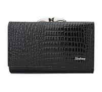 Karoukee Genuine Patent Leather Trifold Wallet for Women - Compact Kiss-Lock Coin Purse with Crocodile Embossed Texture, RFID-Blocking Card Holder - 8 Card Slots | ID/Photo Window - Black
