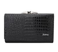 Karoukee Genuine Patent Leather Wallet for Women, Small RFID Blocking Card Holder, Glossy Purse with Crocodile Embossed Texture - 8 Card Slots | ID/Photo Window | Kiss-Lock Pocket - Black
