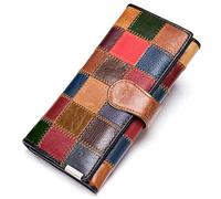 Karoukee Handmade Patchwork Trifold Large Wallet for Women Colorful Genuine Leather Stitched Credit Card Holder Phone Clutch Purse, Oil - Square, L